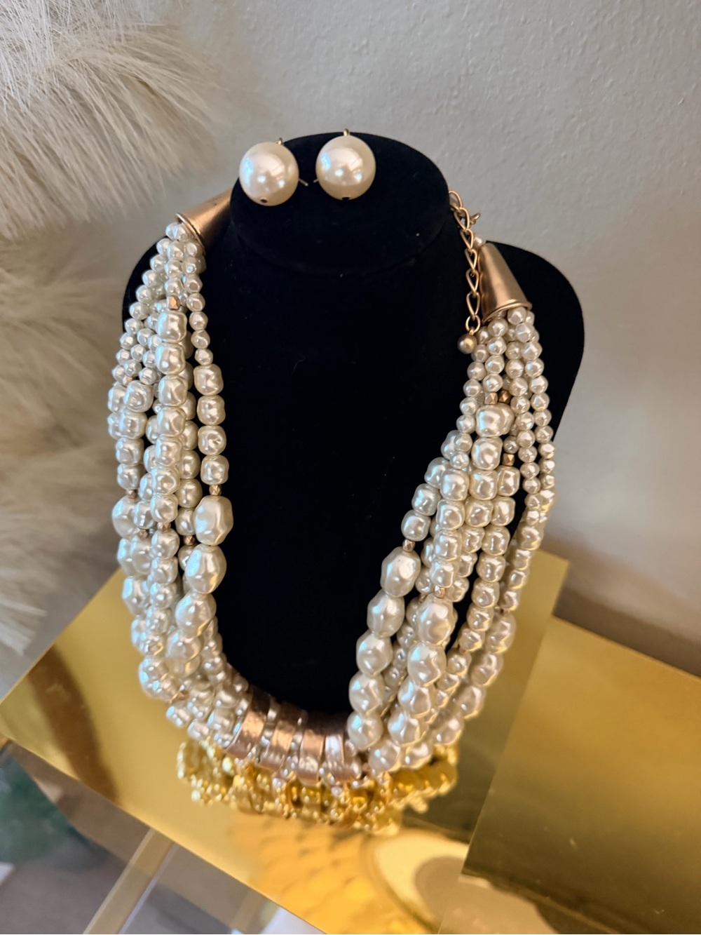 Chico’s Multi Strand Faux Pearl Statement Necklace & Earrings Set Gold Tone - Picture 9 of 12